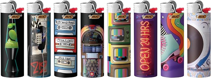 BIC Maxi Pocket Lighter, Special Edition Nostalgia Collection, Assorted Unique Lighter Designs, 8 Count Pack of Lighters