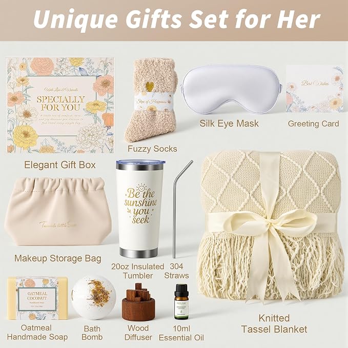 Birthday Gifts for Women, Get Well Gift Baskets for Women, Care Package Self Care Gift Box Thinking of You Inspirational Valentines Day Gift Set for Her Wife Firends, Beige
