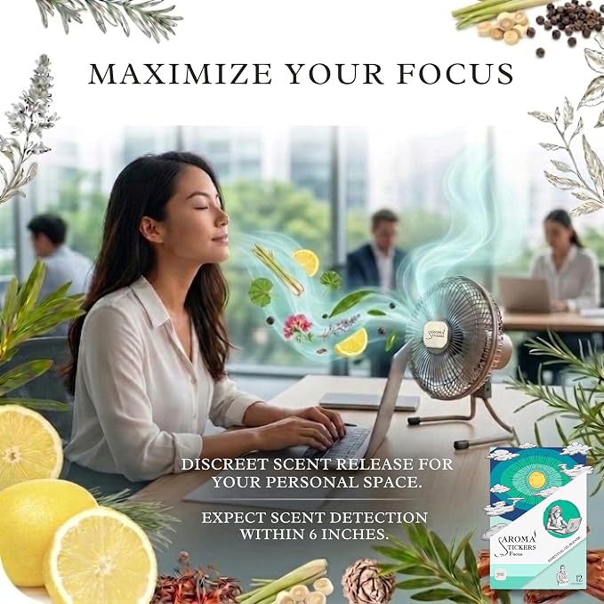 AROMA STICKERS® Original Blend Focus - 100% Natural Essential Oil Scented Sticker Diffuser - Aromatherapy for Personal Space - Face Mask & Pillow - (Pack of 3, 36 Stickers Total)