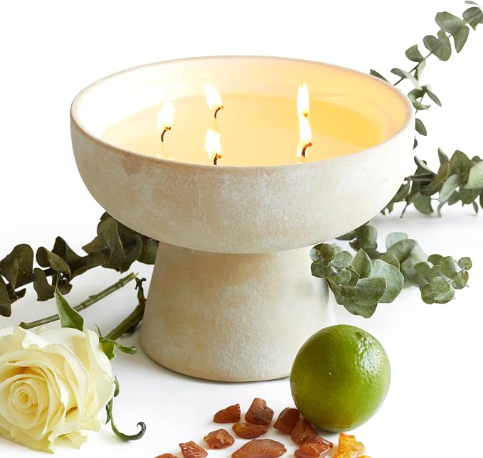Blueme Focus Candle | Eucalyptus & Lime | 5 Wick - Refillable Wellness Candle with Essential Oils, Hand Finished & Poured Soy Wax Blend Ceramic Vessel, Natural Cotton Wicks | Large 24 oz