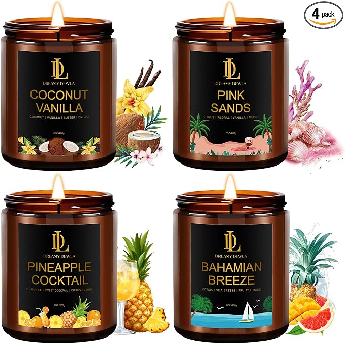 Scented Candles Set, 4 Pack Soy Candles for Home Scented, Candle Gifts for Women Men, 28oz 200 Hours Burn, Scents of Pineapple Cocktail/Coconut Vanilla/Pink Sands/Bahamian Breeze