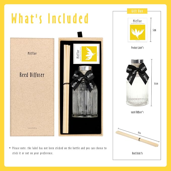 Fragrance Diffuser, MitFlor Gardenia &Ylang Ylang Reed Diffuser Gift Set, Natural Room Freshener with Rattan Sticks, Scent Oil Diffuser for Living Room, Bedroom, Bathroom, and Home Decor, 3.4 fl oz