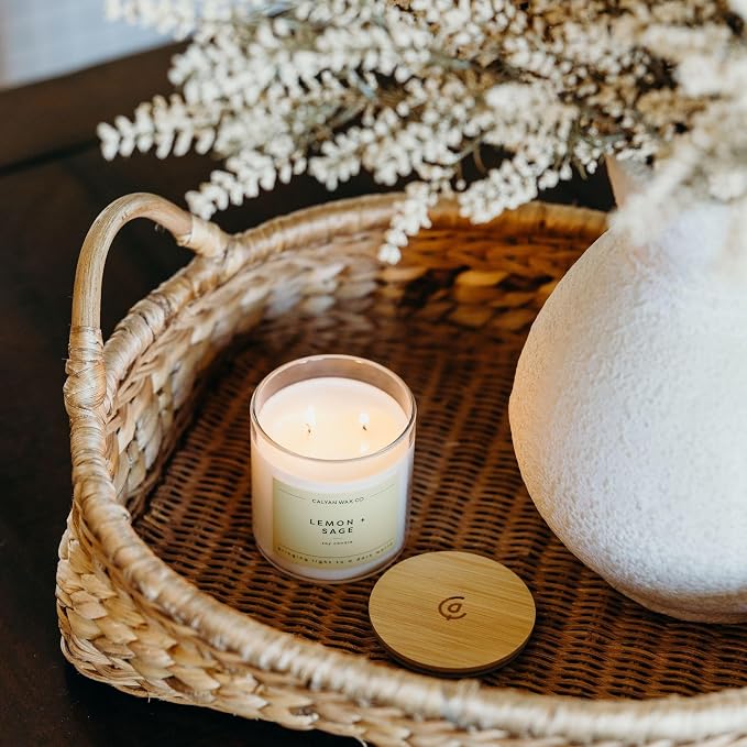 Calyan Wax Co. Lemon & Sage 2 Wick Scented Candle - 37 Hour Burn - Luxury Clean Soy Wax Candles - Long Lasting Large Glass Jar Candle for Home - 8.8oz