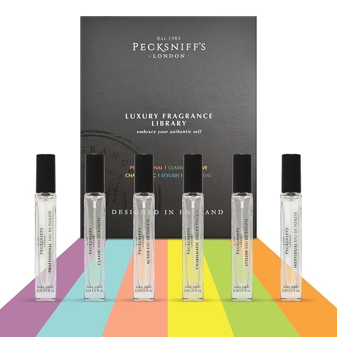 Pecksniff’s Men’s Fine Fragrance Gift Set – 6x10ml Eau de Toilette Collection – Luxury Cologne Sampler, Designed in England