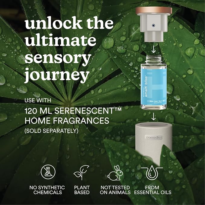 Homedics SereneScent Waterless Essential Oil Diffuser, Cordless Rechargeable Aromatherapy Diffuser for Home, Large Room Scent Machine, Timer, App Control, 6 LED Lights, No Water Needed, Grey