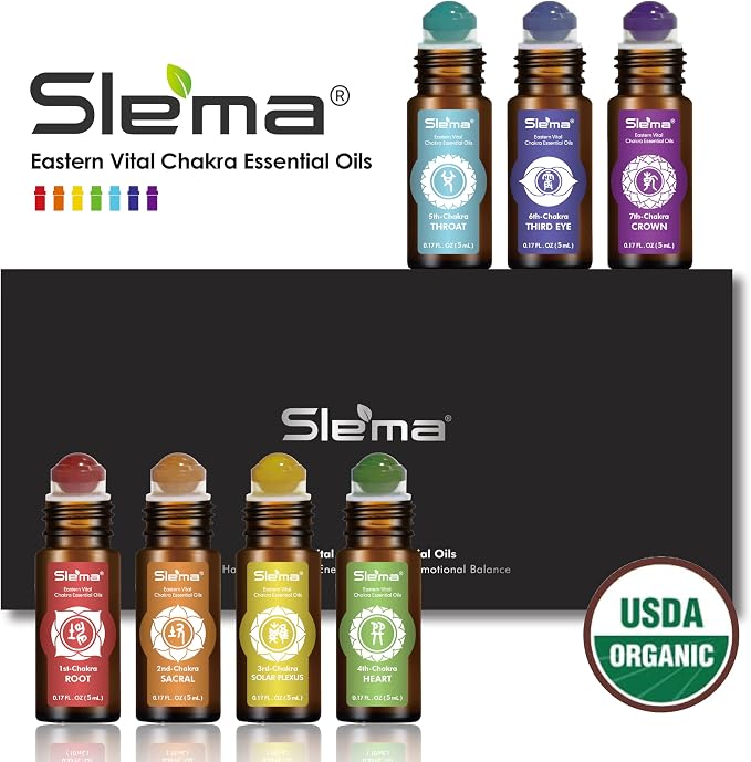 Slema 7 Chakra Essential Oil Roller Gift Set - 7x5ml with Natural Crystal & Jade Rollerballs, Plant-Based Blends for Meditation, Yoga (5mlx7)