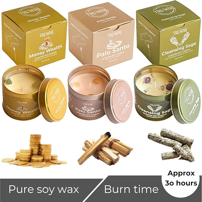 Cleansing Sage, Palo Santo, Money Wealth - Soy Candles Non Toxic - Highly Scented Long Lasting with Essential Oils - Variety Pack of 3 x 5oz - for Home Aromatherapy Meditation Gift Travel