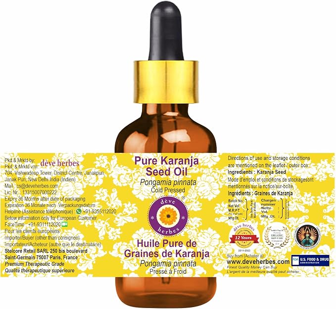 Deve Herbes Karanja Seed Oil (Pongamia pinnata) | Cold Pressed | Pure | Natural | Undiluted | For Diluting Essential oils | For Skin & Massage | Non-Sticky| Lightweight| Men & Women | 100ml (3.38 oz)