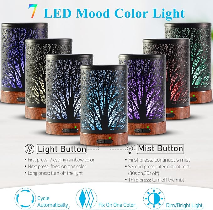 Oil Diffuser & Essential Oils Set - Oil Diffuser 150ml with 6 Essential Oils Set, Aromatherapy Cool Mist Oil Diffusers for Essential Oils, Auto Shut-Off，7 Colors Night Light,Gifts for Mom