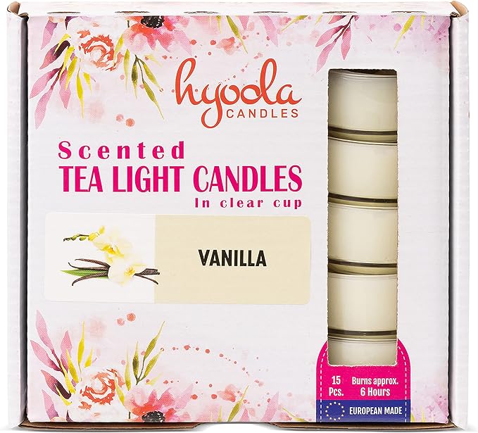 HYOOLA Scented Tealight Candles - Clear Cup - Vanilla Tealight Candles Scented - 6 Hour Burn Time - 15 Pack - European Made