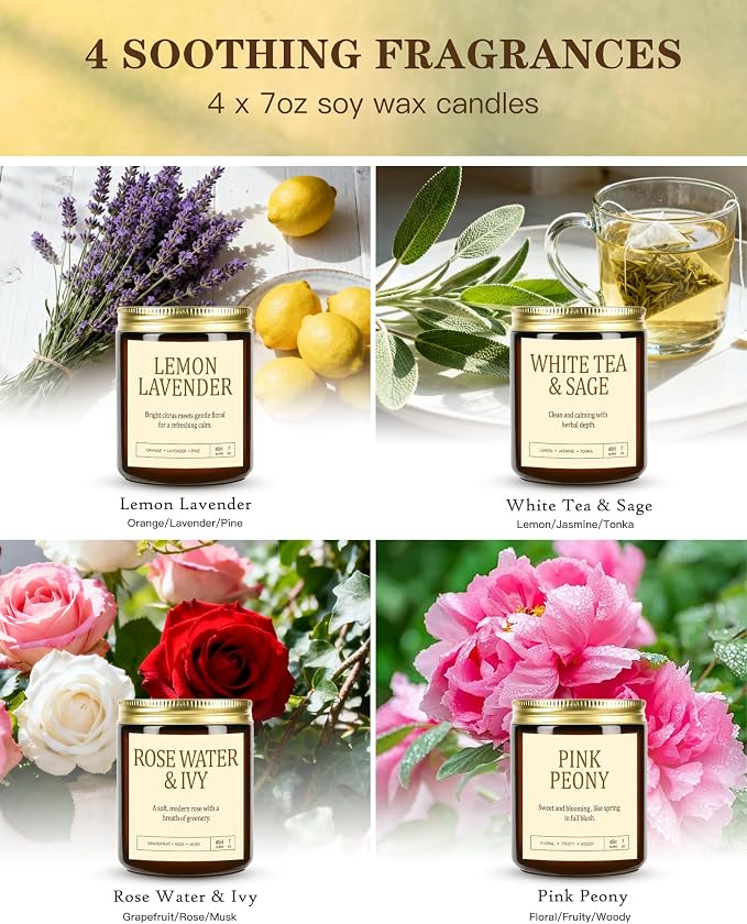 4 Pack Scented Candles for Women: 28oz Natural Soy Candles for Home Scented, Up to 200H Burning, Aromatherapy Candle Set, Jar Candle Gift Set for Bath Meditation, Birthday Valentine's Day Gifts