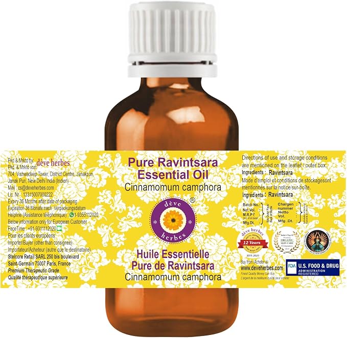 dève herbes Pure Ravintsara Essential Oil (Cinnamomum camphora) Steam Distilled 15ml (0.50 oz)