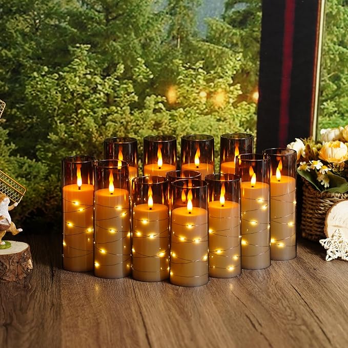 Sasigeiaa Flameless Candles with Embedded Star String - Battery Operated LED Candles, with Remote,12 Grey Flickering Candles for Christmas, Weddings, Home Decor & Party,(D 2.3"×H 5" 6" 7")