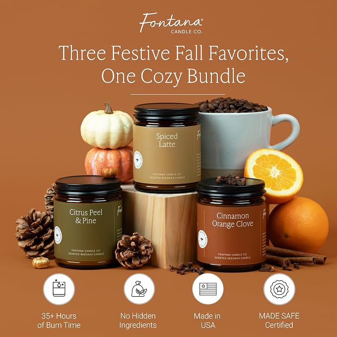 Fontana Candle Co Wood Wick Beeswax Jar Candle, Fall Candle Bundle – Made Safe with Coconut Oil & Pure Essential Oils – 35+ Hrs Clean Burn, Long Lasting and Non-Toxic Candles for Home & Room Decor