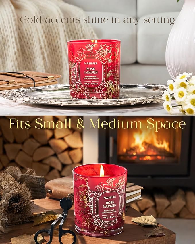 M&SENSE Rose Garden Soy Candle, Romantic Date Night Summer Gift | Fresh Cut Rose Scent, 55H Clean Soy Wax Slow Burning, Air Purifying Rooms, Reusable Vase Jar for Women's Table Centerpiece