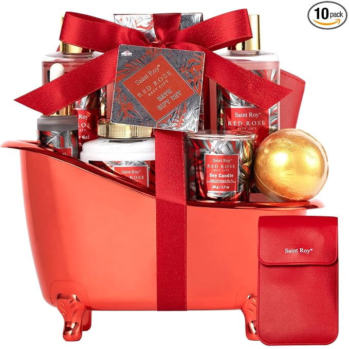 Spa Gift Basket Spa Gift Set For Women, Birthday Gifts for Her, Spa Gift Basket for Women, Red Rose Bath and Body in Floral Scents Bath Kits, Home Spa Gift Basket, Bath Spa Kit for Mothers day Lotion