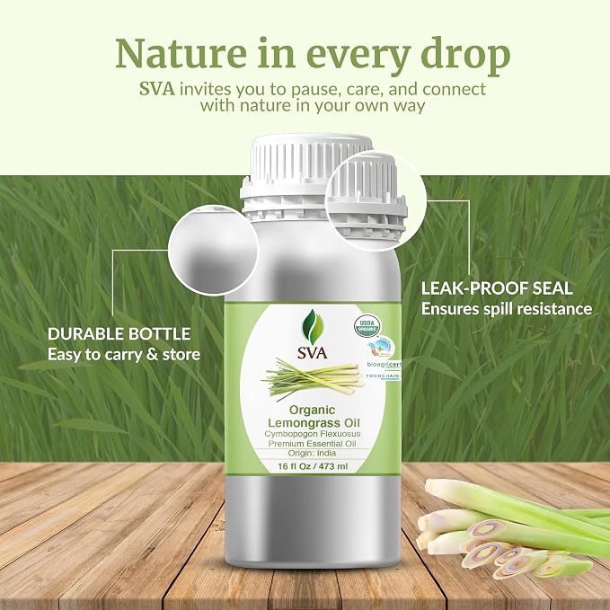 SVA Lemongrass Essential Oil Organic – 16 Fl Oz – 100% Natural Organic Lemongrass Oil for Hair, Face, Skin Care, Diffuser, Aromatherapy, Scalp, Body Massage, Soap and Candle Making