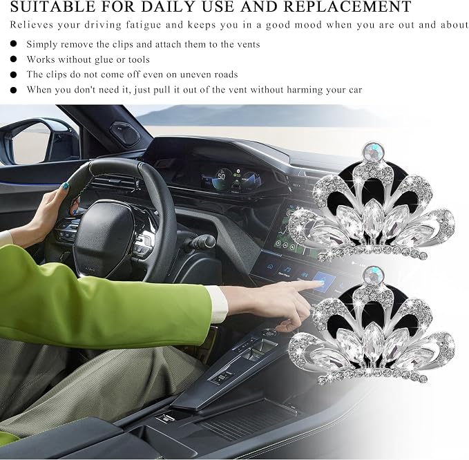 Yourkar 2 PCS Bling Car Air Vent Clips, Crystal Rhinestone Crown Vent Decorative Air Freshener Clips, Sparkly Diamond A/C Outlet Aroma Diffuser Clip for Vehicles, Car Accessories (White)