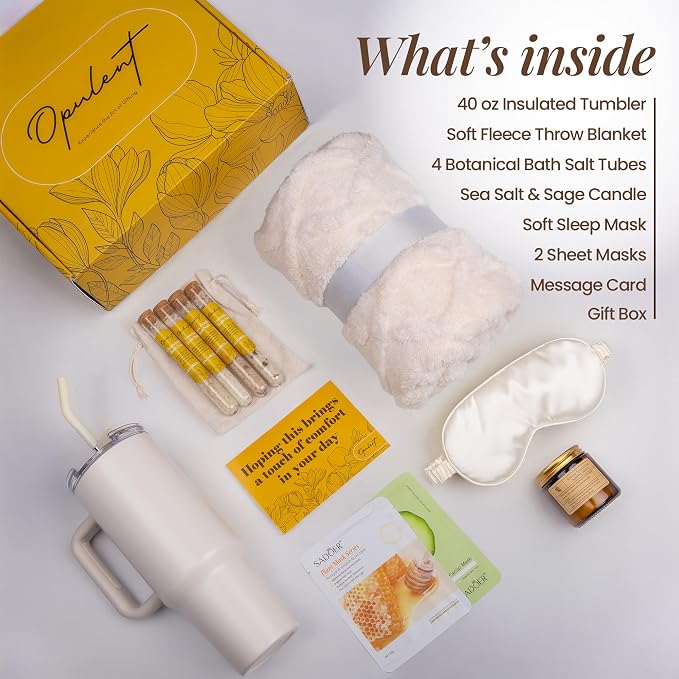Opulent Luxury Self Care Gift Package for Women, 40oz Tumbler, Cozy Blanket | Gift-Ready Spa Set for Get Well, Thinking of You & Corporate Gifts for Employees & Clients - Candle, Bath Salts & Sleep Mask