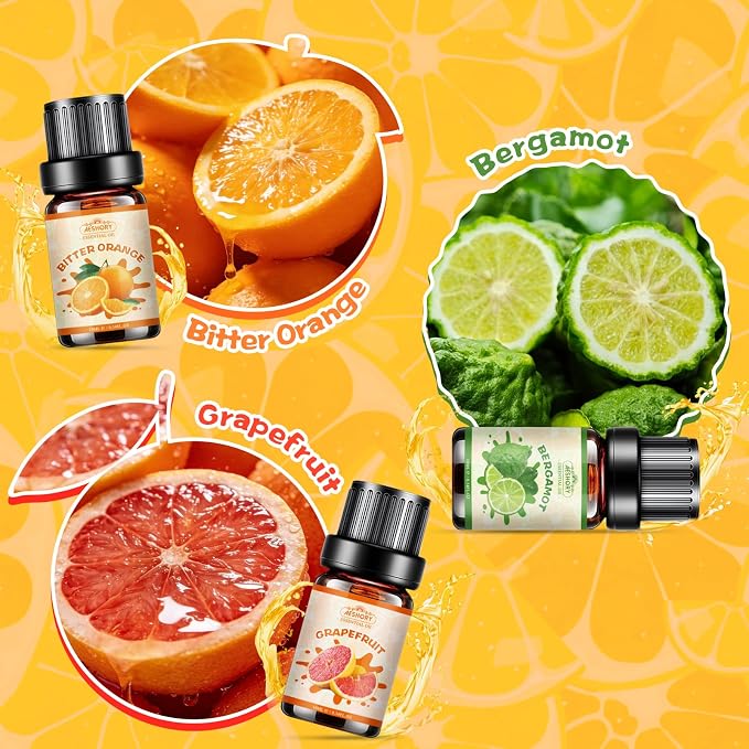 Citrus Essential Oils Set, Fruit Fragrance Oil for Diffusers,Scented Oil for Candle & Soap Making, Bitter Orange, Bergamot, Lemon, Grapefruit, Lime, Blood Orange, Aromatherapy Gifts