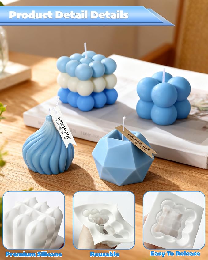 CeeVian Silicone Candle Molds Set 4 PCS Geometric Candle Mold Unique Candle Molds 3D Cube Mold for Soy Wax, Soap, DIY Scented Candles Christmas Gifts