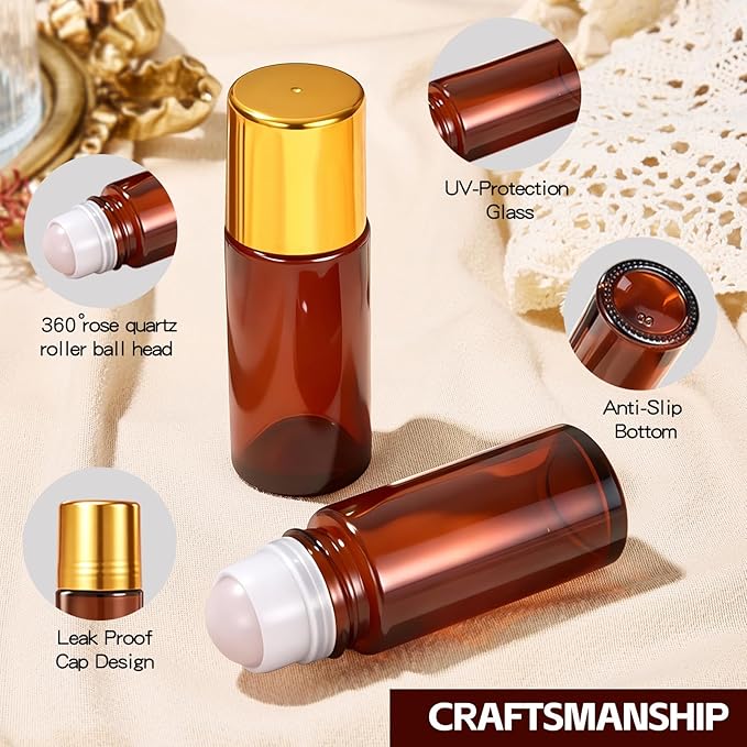 Rose Quartz Refillable Roller Ball Applicator for Essential Oils 50ml, Amber Glass Roll on Bottle, Leak-Proof Oil Roller Bottle, Ideal for Travel and Personal Care 2pcs