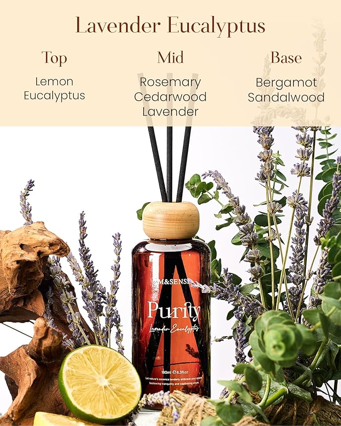 M&SENSE Lavender Eucalyptus Reed Diffuser: Upgraded Formula 6.3 fl oz Non-Toxic Aroma Set with Sticks, Long-Lasting Natural Essential Oil Gifts for Home, Bedroom