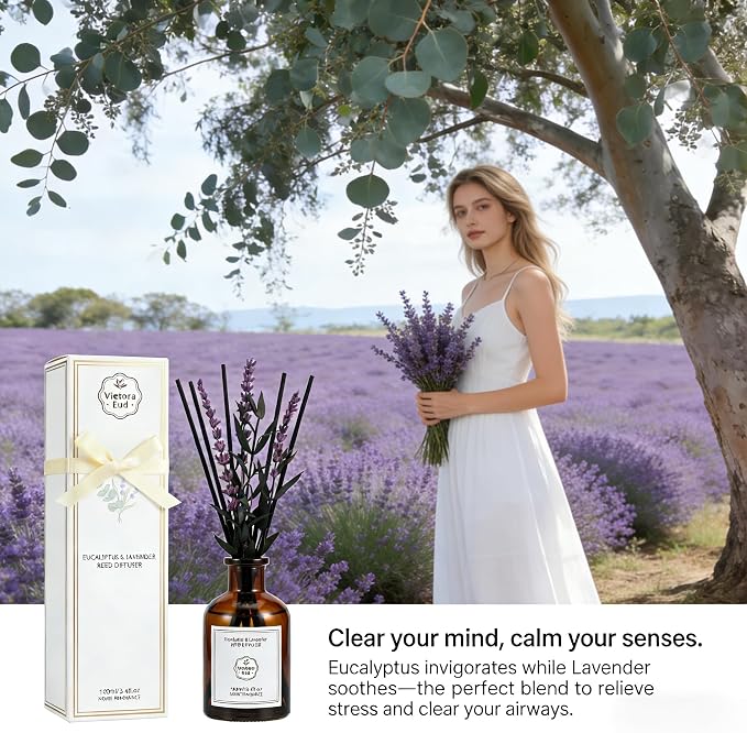 Eucalyptus & Lavender Essential Oil Reed Diffuser - 3.34 Fl Oz, Luxury Hotel Collection Diffuser Oil Inspired by Ritz Carlton for Home&Office, Bedroom/Living Room Shelf Decor,Non-Toxic & Gift Ready