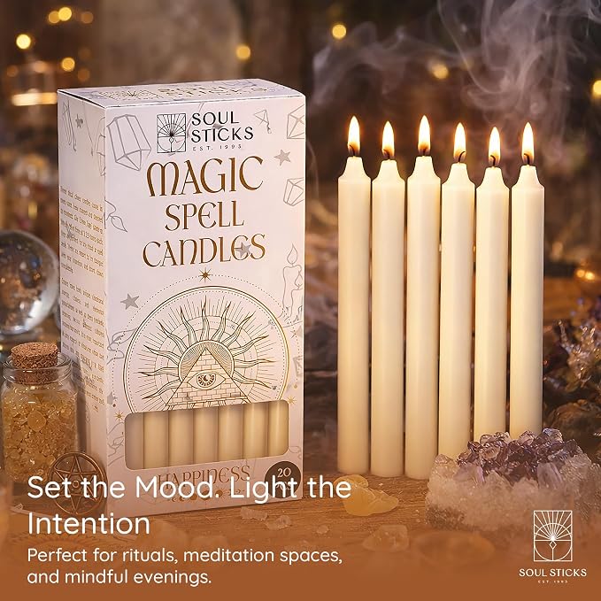 SOUL STICKS Happiness Magic Spell Chime Candles White Taper Candles 20 Pack - Taper Candle White for Altar, Rituals, Ceremonies, Meditation, Witchcraft Supplies, Wiccan, Candles Clearance