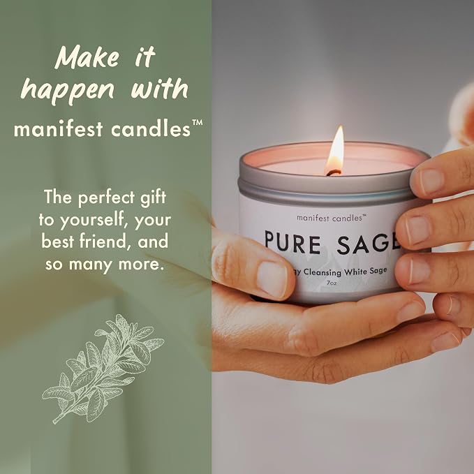 Manifest Candles, White Sage Candles for Cleansing House Negative Energy, 45 Hour Burn, Pure Sage Smudge Candle, Positive Energy Meditation Candle, Aromatherapy Candle, Spiritual Gifts, Healing Sage