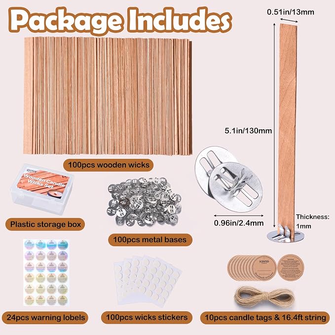200pcs Thickened Wooden Candle Wicks Kit for Candle Making – Natural Smokeless Crackling Include 100pcs Wood Wicks with 100pcs Metal Bases, DIY Soy Wax Supplies