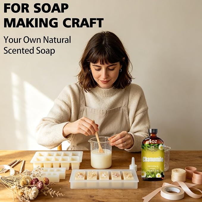 Chamomile Essential Oil, Chamomile Oil 4 Fl Oz 120ml for Diffuser Yoga Soap & Candle Making – with 0.33 Oz Roller Ball & Dropper YHSESSE Essential Oils