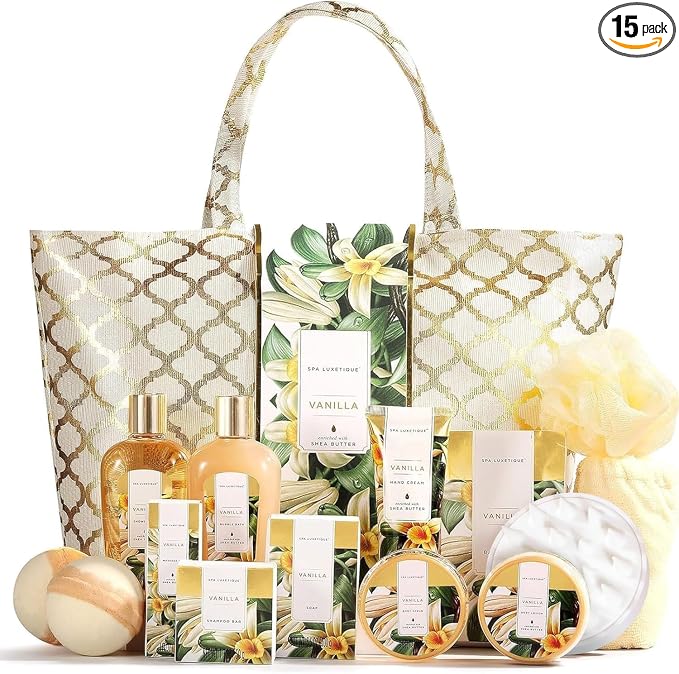 Gifts for Women, Spa Luxetique Gift Baskets for Women,15 Pcs Vanilla Spa Gifts for Womens, Women's Gifts with Bubble Bath, Bath Salt, Bath Bombs, Birthday Gift Christmas Spa Baskets