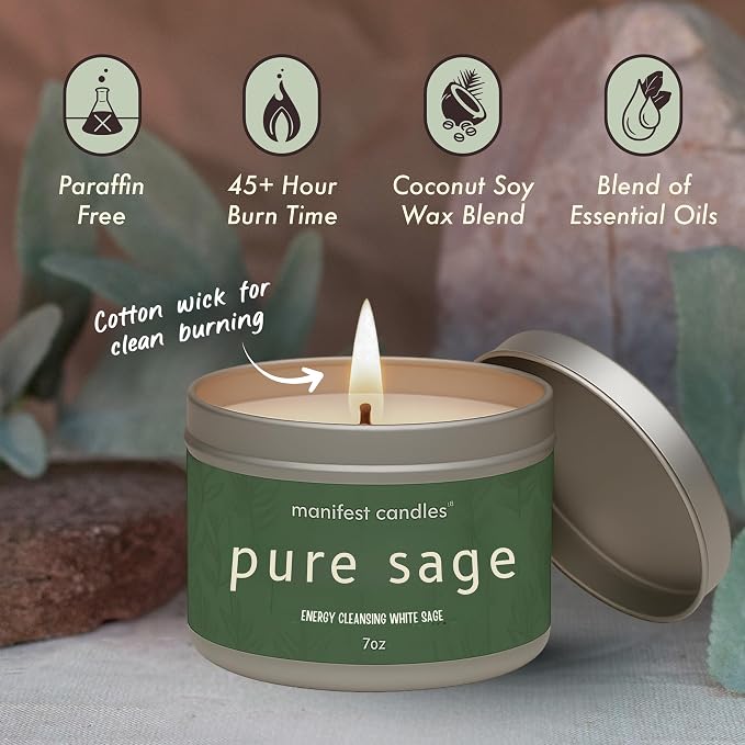 Manifest Candles, White Sage Candles for Cleansing House Negative Energy, 45 Hour Burn, Pure Sage Smudge Candle, Positive Energy Meditation Candle, Aromatherapy Candle, Spiritual Gifts, Healing Sage