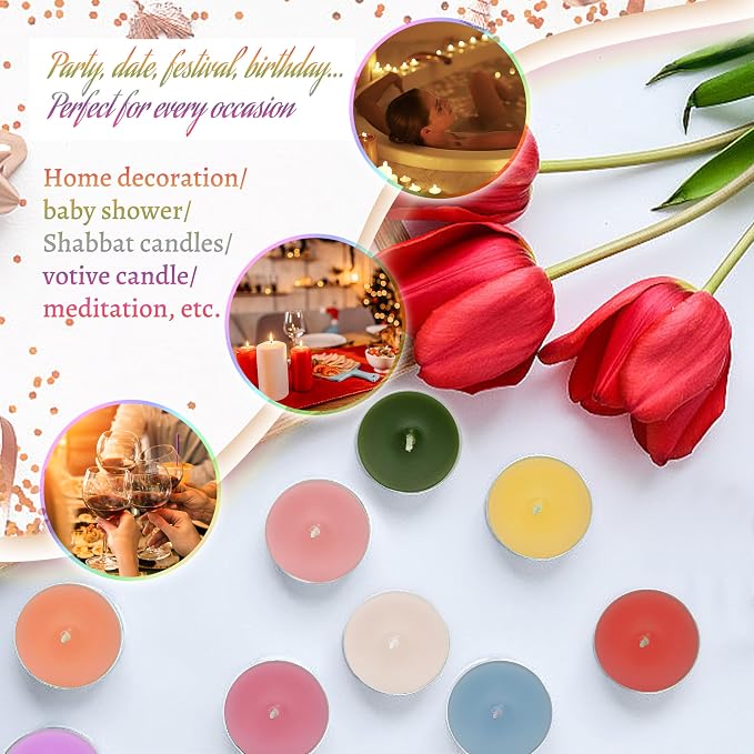 24 Color 6 Scented Tealight Candles, Colorful Scent Tea Lights Candles Clear Cup, 24 Pack Colored Tealights Candle, 6 Hour Burn Time Tea Candles for Party, Decor, Spa, Shabbat