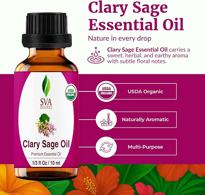 SVA Clary Sage Essential Oil Organic – 1/3 Fl Oz – 100% Natural Organic Clary Sage Oil - for Diffuser, Hair Care, Face, Skin Care, Aromatherapy, Scalp and Body Massage, Soap and Candle Making