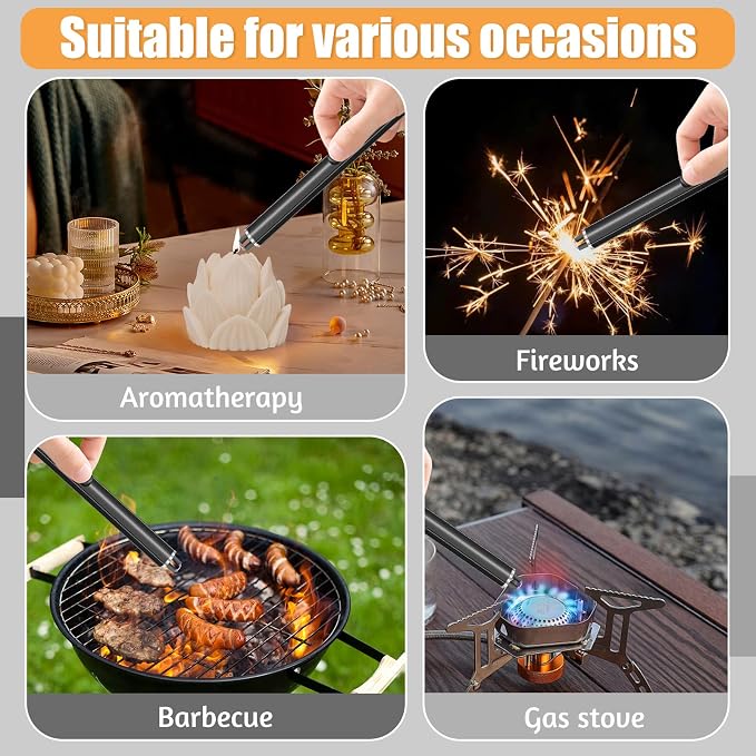 2 Pack Electric Candle Lighters, USB Rechargeable Lighter with Windproof Flameless & Extended Handle, Suitable for Candles, BBQ, Camping, Gas Stove, Festivals Gift (Black, 2 Packs-B)