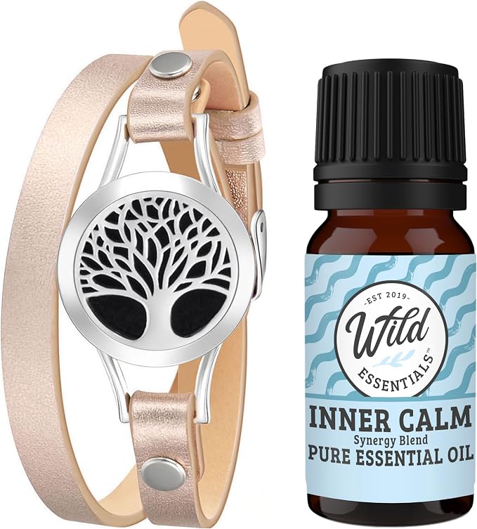 Wild Essentials Tree of Life Essential Oil Leather Wrap Bracelet Diffuser Kit, Gift Set, with 10ml Inner Calm Essential Oil Blend, 12 Pads, Customizable Color Changing Perfume Jewelry, Aromatherapy