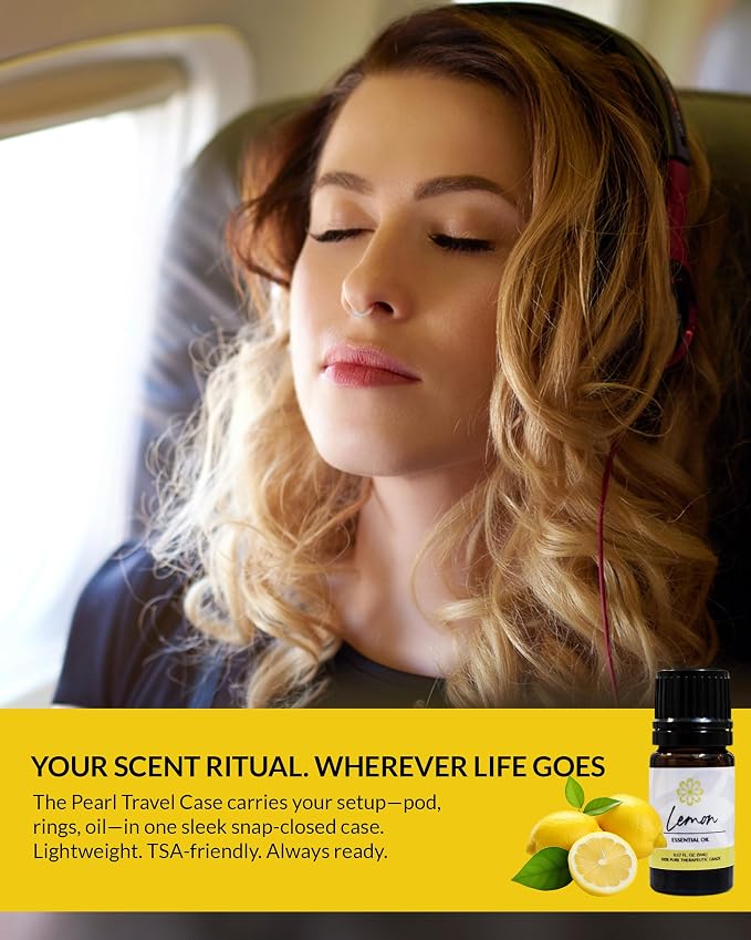 Essence Pearl Travel Case | Lemon Essential Oil | Aromatherapy Nasal Diffuser & Essential Oil Carrying Case | Uplifting Lemon Oil Scent | Travel-Friendly Kit | Black Pod