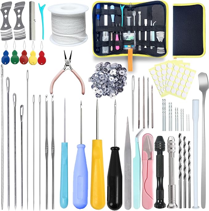 155PCS Adjustable Candle Hole Drill Needle with Candle Wick Roll 200 Ft,Candle Making Kits to Insert Wick in Silicone Molds,Mold Hook & Eye Punch Needle,Big Hole Long Needle,Stickers,Center Holder