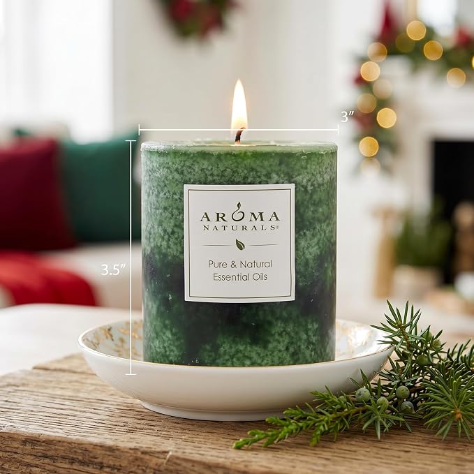 Aroma Naturals Holiday Juniper, Spruce and Basil Essential Oil Pillar Candle, Fresh Forest, 3 inch x 3.5 inch
