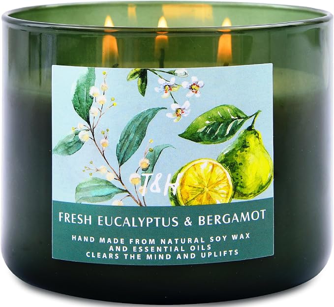 Eucalyptus Bergamot 3 Wick Candle for Home Scented | 15.8 oz Large Soy Candle | Spa Aromatherapy Candles for Home Stress Relief Relaxation | Clean Burn | Gift for Women & Men Housewarming