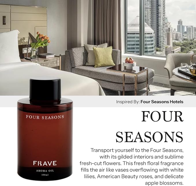 Four Seasons Hotel Diffuser Oil, 100ml 3.38 oz Aroma Oil, Scent Inspired by Four Seasons Hotels, Luxury Aromatherapy Refill Fragrance for Waterless Cold Air Diffusers, Home, Office, Hotel