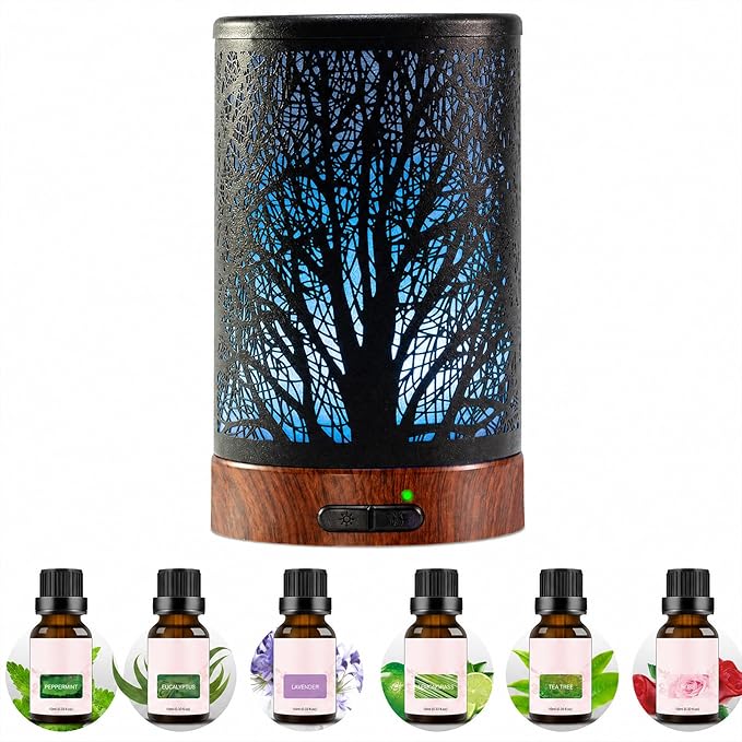 Oil Diffuser & Essential Oils Set - Oil Diffuser 150ml with 6 Essential Oils Set, Aromatherapy Cool Mist Oil Diffusers for Essential Oils, Auto Shut-Off，7 Colors Night Light,Gifts for Mom