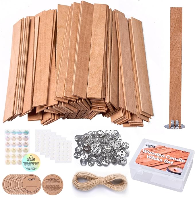 200pcs Thickened Wooden Candle Wicks Kit for Candle Making – Natural Smokeless Crackling Include 100pcs Wood Wicks with 100pcs Metal Bases, DIY Soy Wax Supplies