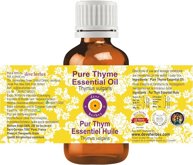 dève herbes Thyme Essential Oil (Thymus vulgaris) Pure | Non-Sticky | Non-Greasy | Lightweight | Men & Women | All Skin Types | Steam Distilled 30ml (1 oz)