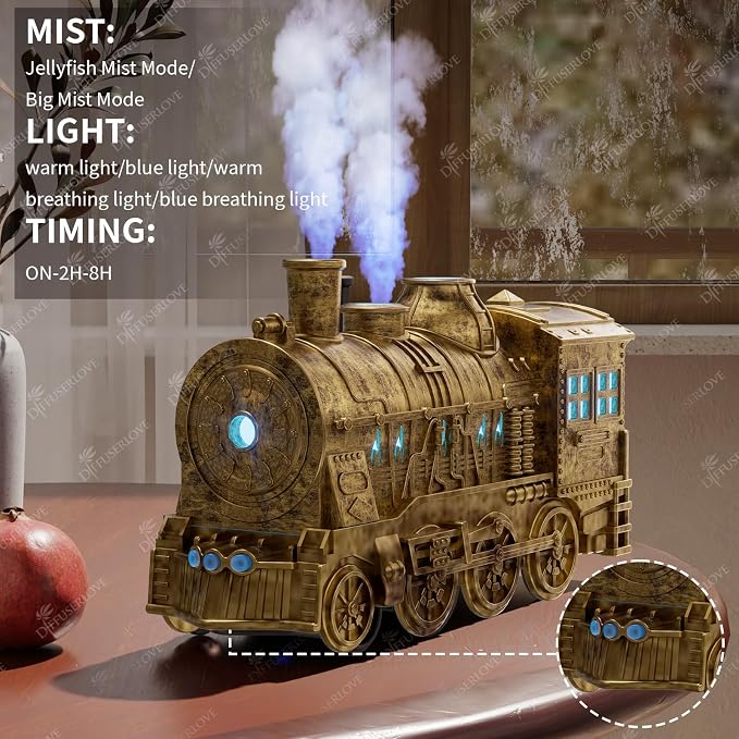 Diffuserlove Essential Oil Diffuser 300ML Train Cool Mist Humidifier Quiet Aromatherapy Diffuser with Night Light for Bedroom Desk