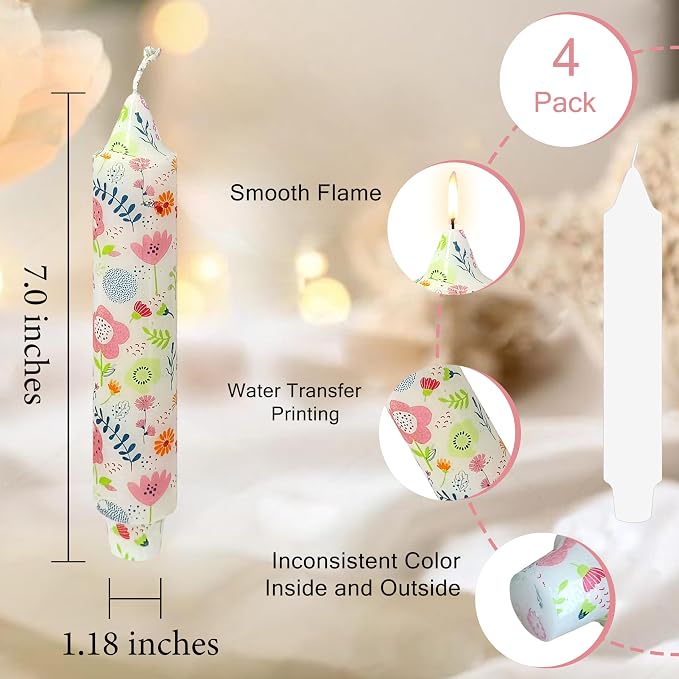 7 inch Short Candle Floral Candle Sticks Printed Candlestick Handmade Unscented Taper Candle 4 Pack Cute Flower Tapered Candles for Home Dinner Wedding Holiday