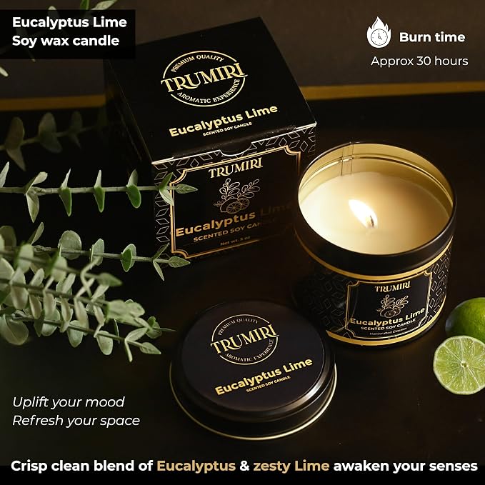 Eucalyptus Candle with Lime Strong Scented Soy Candel Clean Non Toxic Velas Aromáticas for Home Pack of 1 Gift for Fall Christmas Holidays