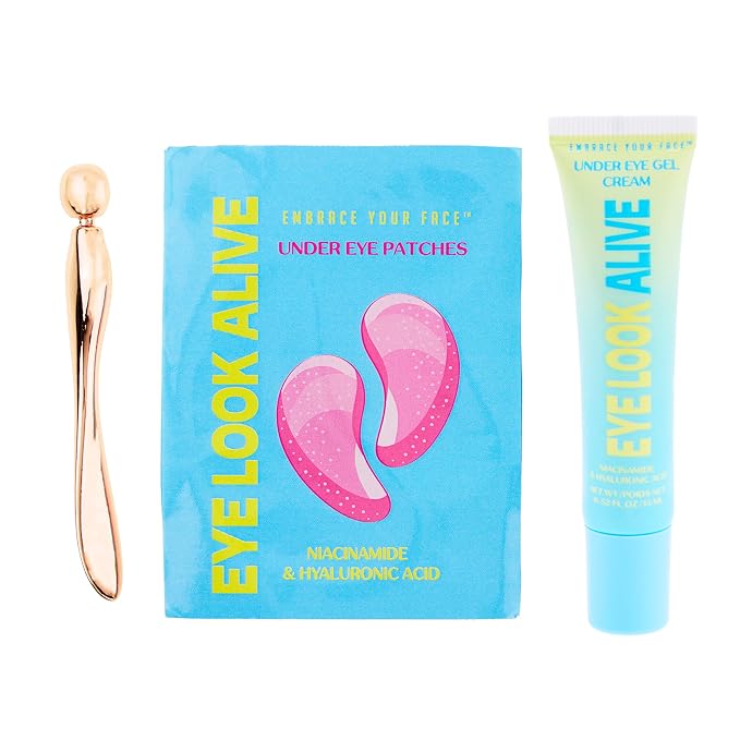 EXPRESSIONS 3pc Under Eye Care Set – Eye Look Alive Treatment Kit with Niacinamide & Hyaluronic Acid – Includes Under Eye Patches, Eye Gel Cream, and Metal Eye Roller Tool